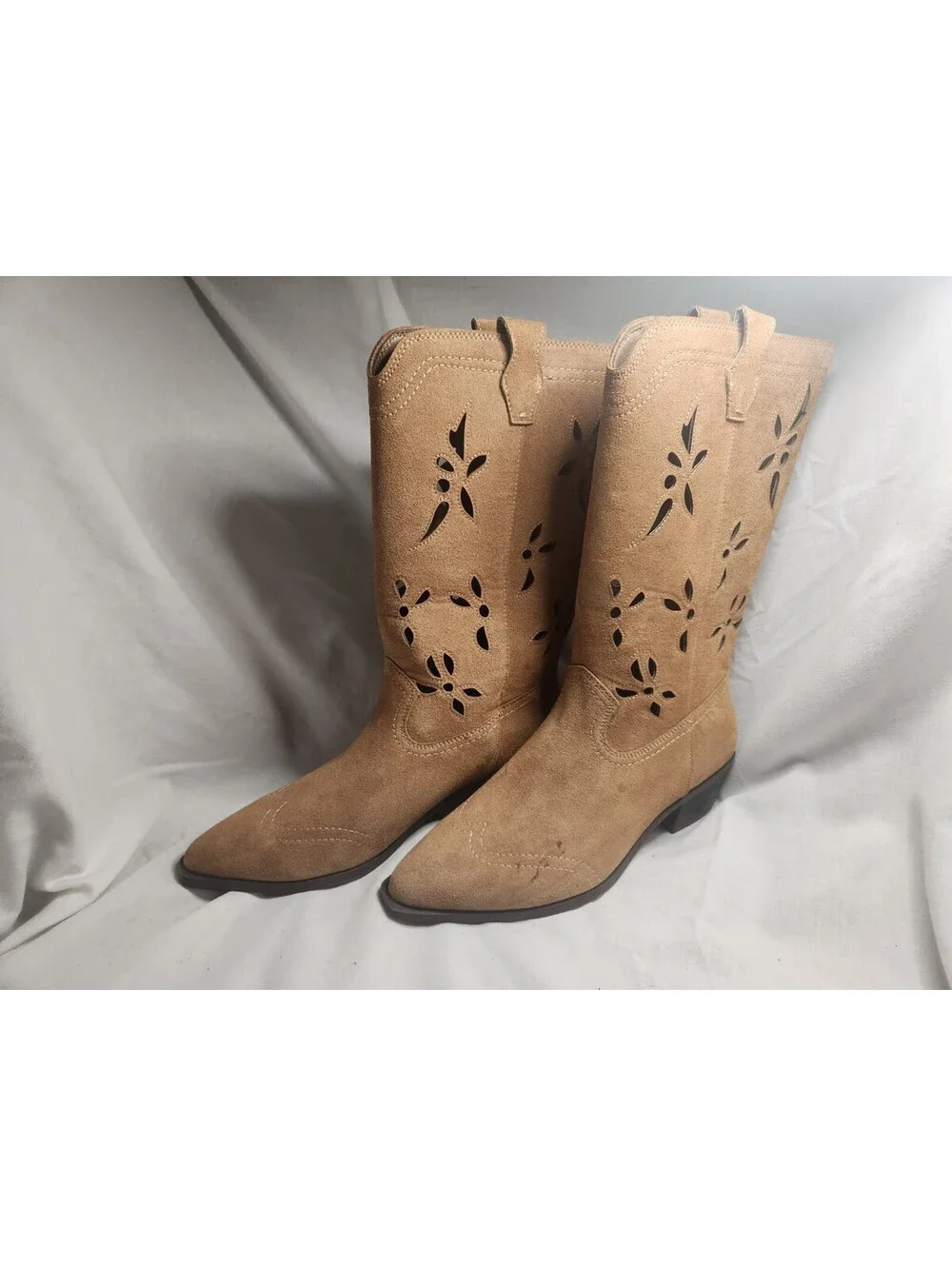 No Boundaries Women's Tan Faux Suede Western Mid-Calf Floral Cut-Out Boots 8